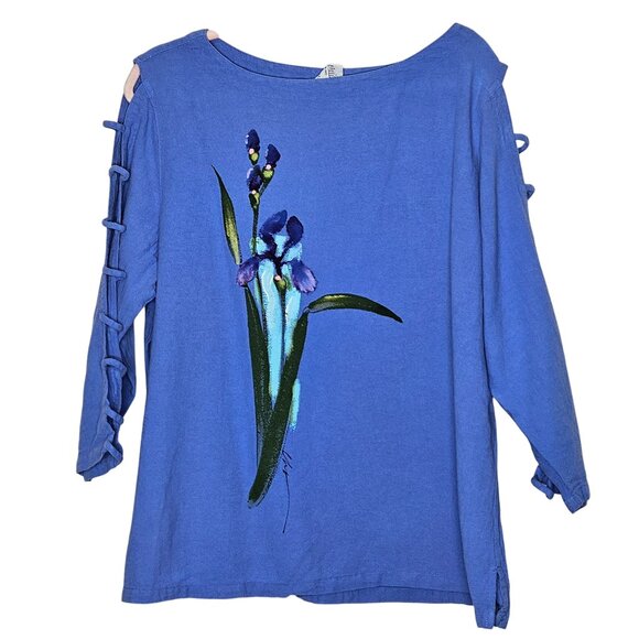 CMC Hand-Painted Iris Blue Tunic Top Sleeves XXL Cotton Lightweight Art you wear - Picture 1 of 8
